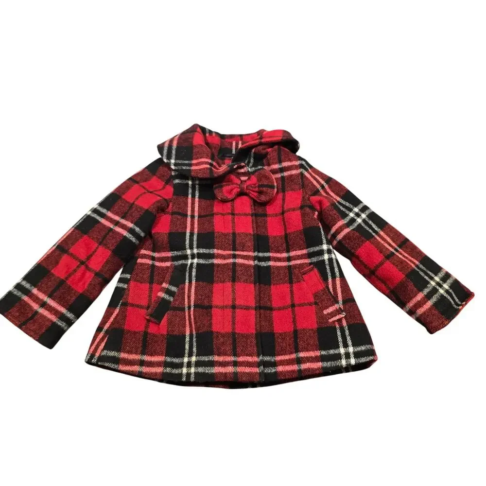 Baby Girl London Fog Red Plaid Wool Blend Full Zip Peacoat | Size 18 Months